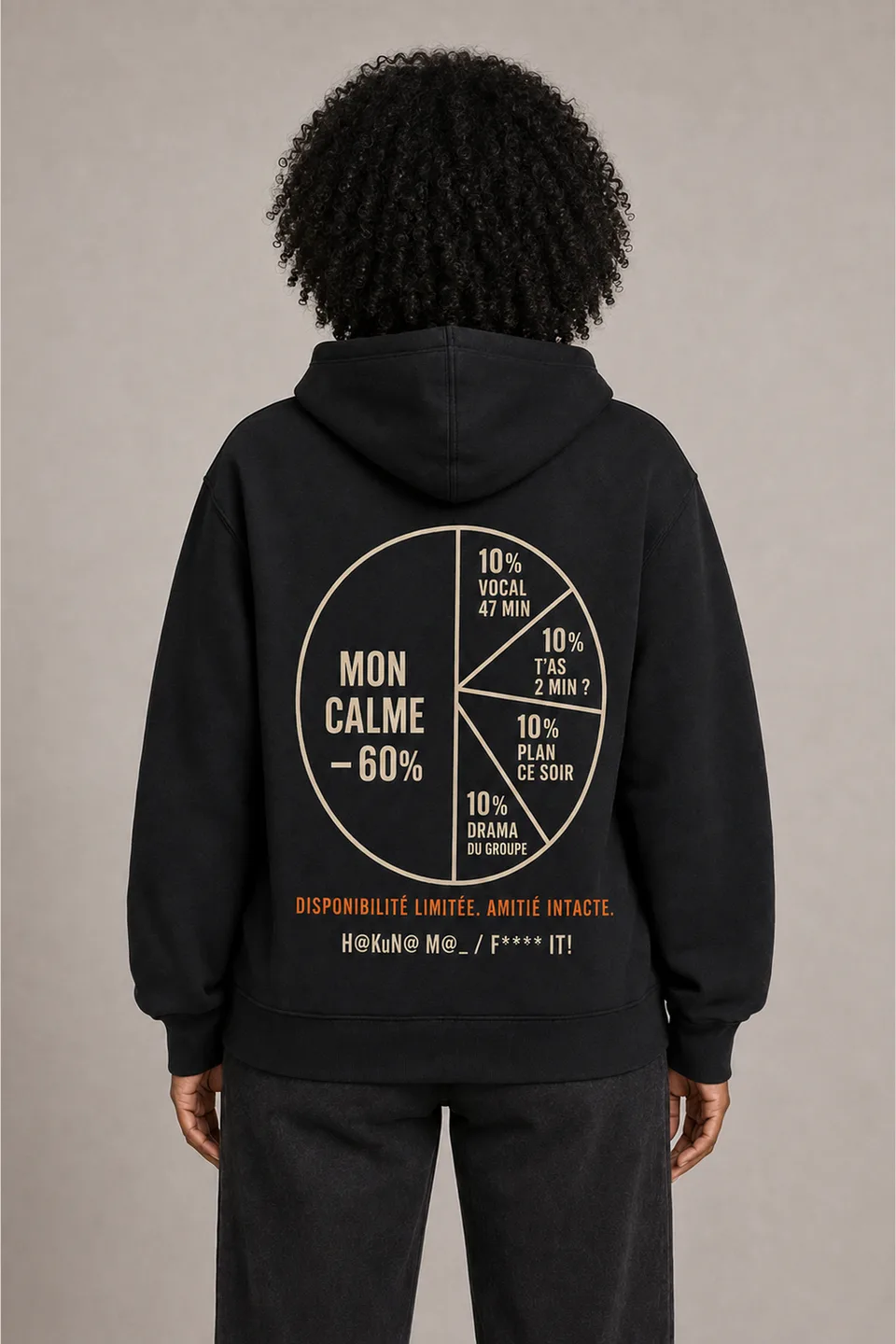 Dos du même hoodie FRD/01 — camembert imprimé « MON CALME — 60% » : une grande part de 60%, puis quatre parts de 10% étiquetées VOCAL 47 MIN, T’AS 2 MIN ?, PLAN CE SOIR et DRAMA DU GROUPE. Dessous, la ligne : « DISPONIBILITÉ LIMITÉE. AMITIÉ INTACTE. »